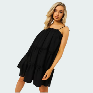 Women's Strappy Ruffle Tiered Smock Dress Size XL Black Midi EUC